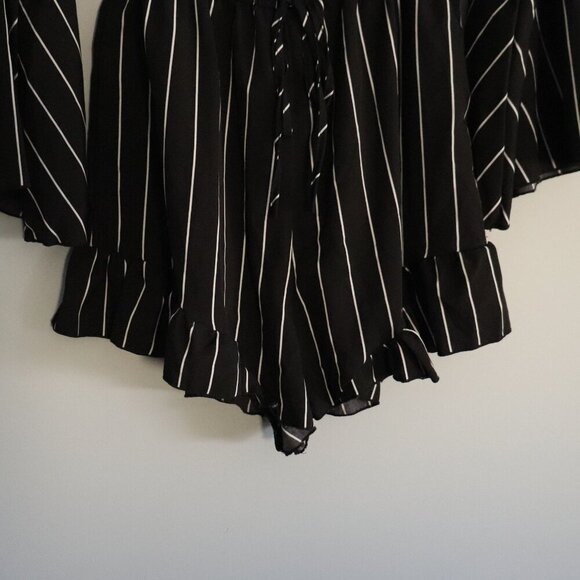 Emery Women's M Black Striped Bell Sleeve Off-the-Shoulder Flare Romper Shorts - Picture 7 of 12